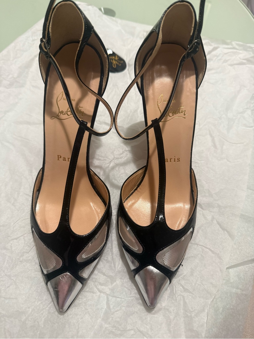 Christian Louboutin Black and Silver Pointed T-Strap Pumps